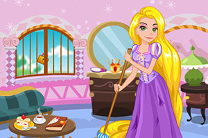 长发女孩扫地偷懒